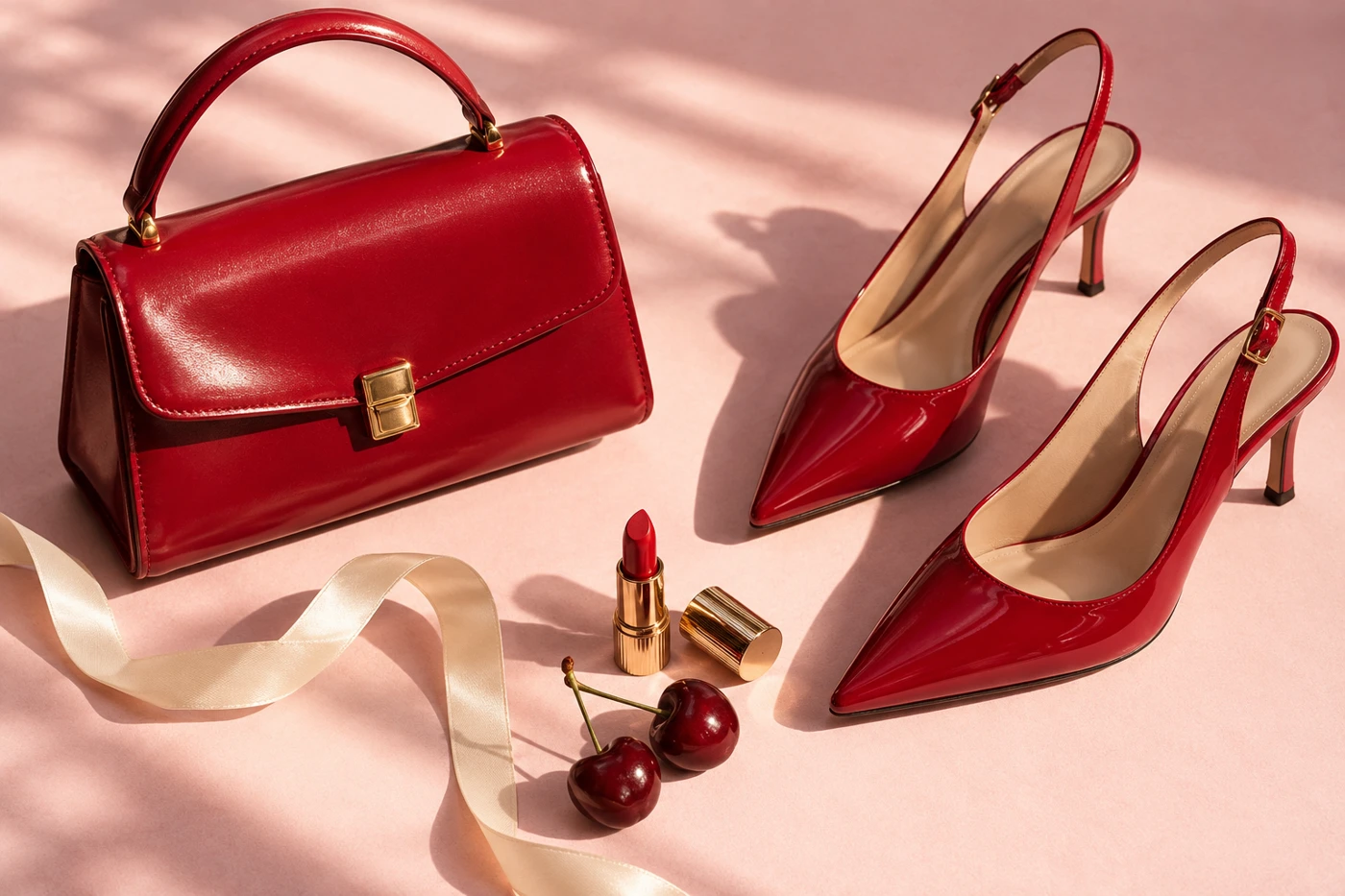 Cherry-red accessories arranged on a blush-pink background